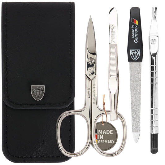 DREI SCHWERTER - 4-Tlg. Nagelpflegeset 'Modena' | Maniküre Und Pediküre Set in Echtleder Etui MADE in GERMANY. Farbe: Schwarz | Inhalt: Nagelschere, Pinzette, Saphirnagelfeile Und Nagelhautentferner