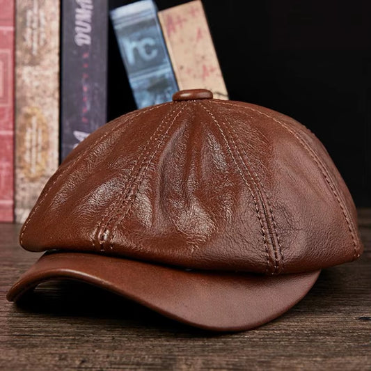 Black Newsboy Hats for Men Genuine Cowskin Leather Octagonal Cap Male Autumn Winter Fitted Vintage Duckbill Hats Beret