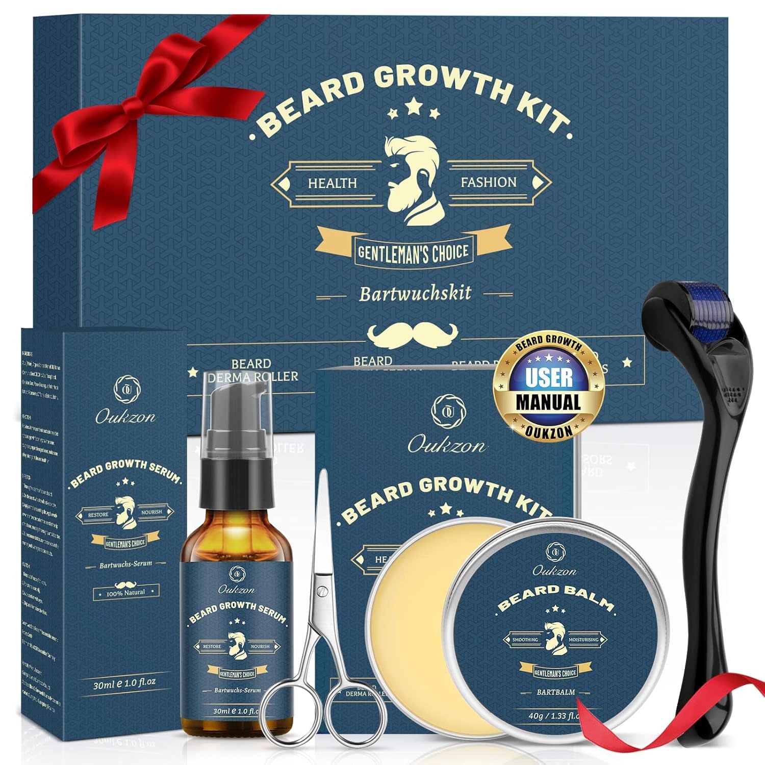 Beard Growth Kit, Oukzon Bart Wachstum Set - Bartwuchsmittel Männer Mit Bartroller 0,25Mm, Bartwuchs Bartöl, Bartbalsam, Bartschere, Bartwachstum Bartpflege Set, Vatertag Weihnachten Herren Geschenke