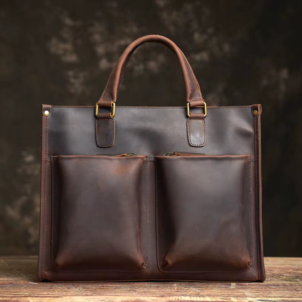 Vintage Men'S Briefcase Genuine Leather Casual Trend Handbag High Capacity Shoulder Bag Zipper Pockte for 14 Inch Laptop
